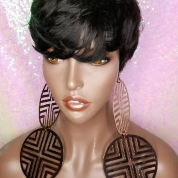 Razor Cut Pixie Cut Peruvian Remy Human Hair Wig Swoop Bang Black Hair Wig - Picture 5 of 7